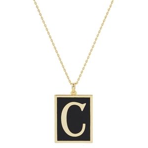 Black and Gold C Monogram Pendant Rectangle Frame Chain Necklace Initial Jewelry